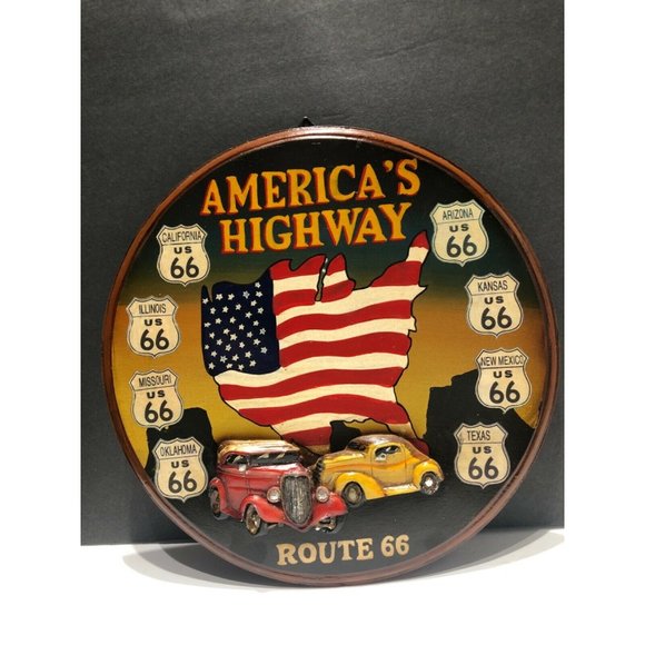 Vintage America's Highway Route 66 Wooden Sign 3D Cars Art Collectible 13.75”